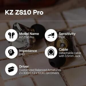 Linsoul KZ-ZS10 Pro In-Ear Stainless Steel IEM Earphones with Microphone 24 ohm